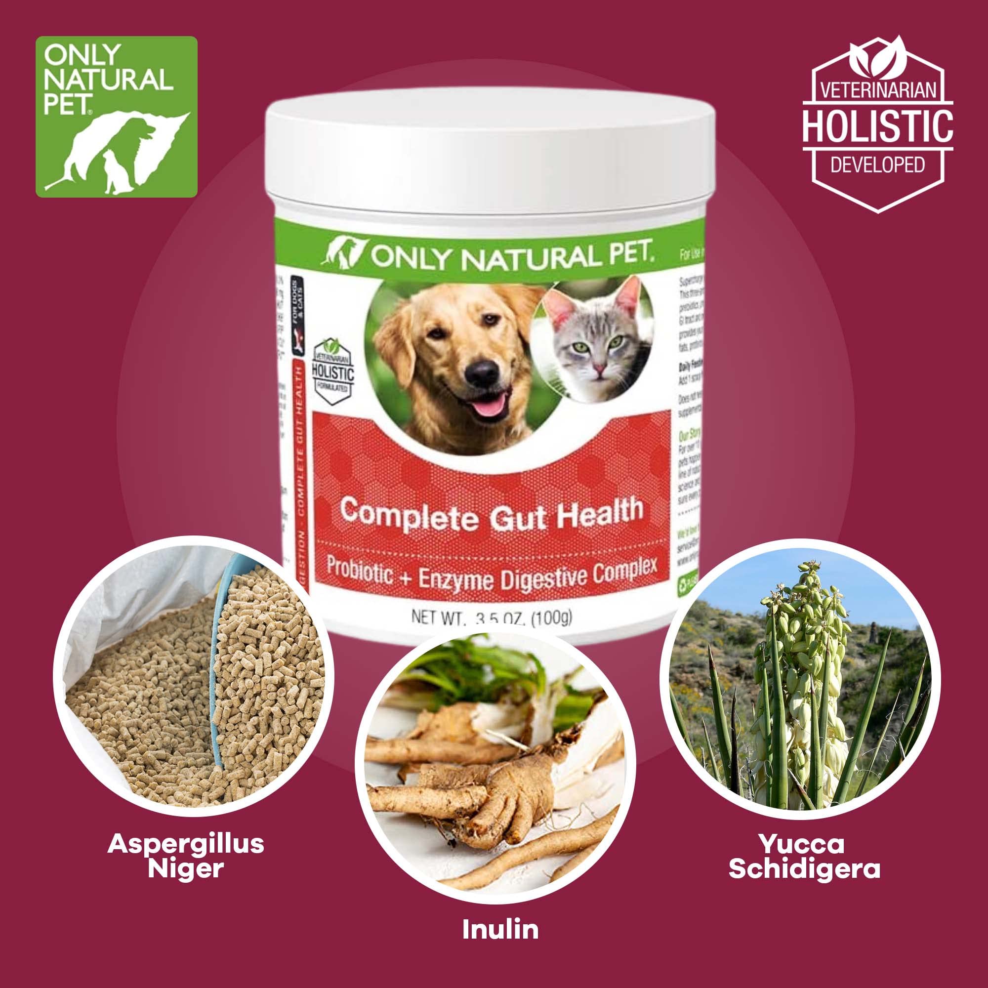 Only Natural Pet Complete Gut Health Complex powder dispenses easily for daily digestion on meals