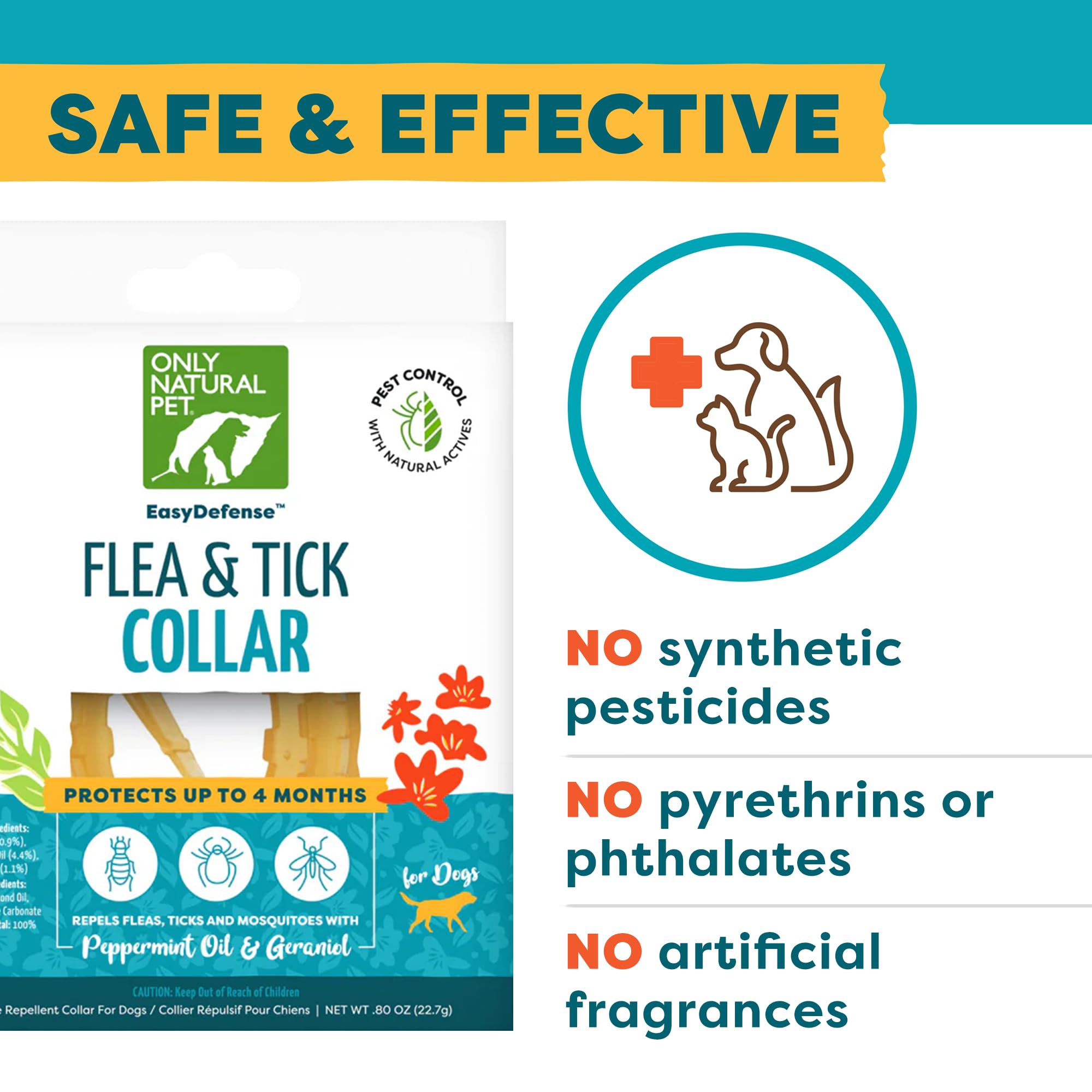 Only Natural Pet EasyDefense collar geraniol-citronella closeup emphasizes natural flea protection