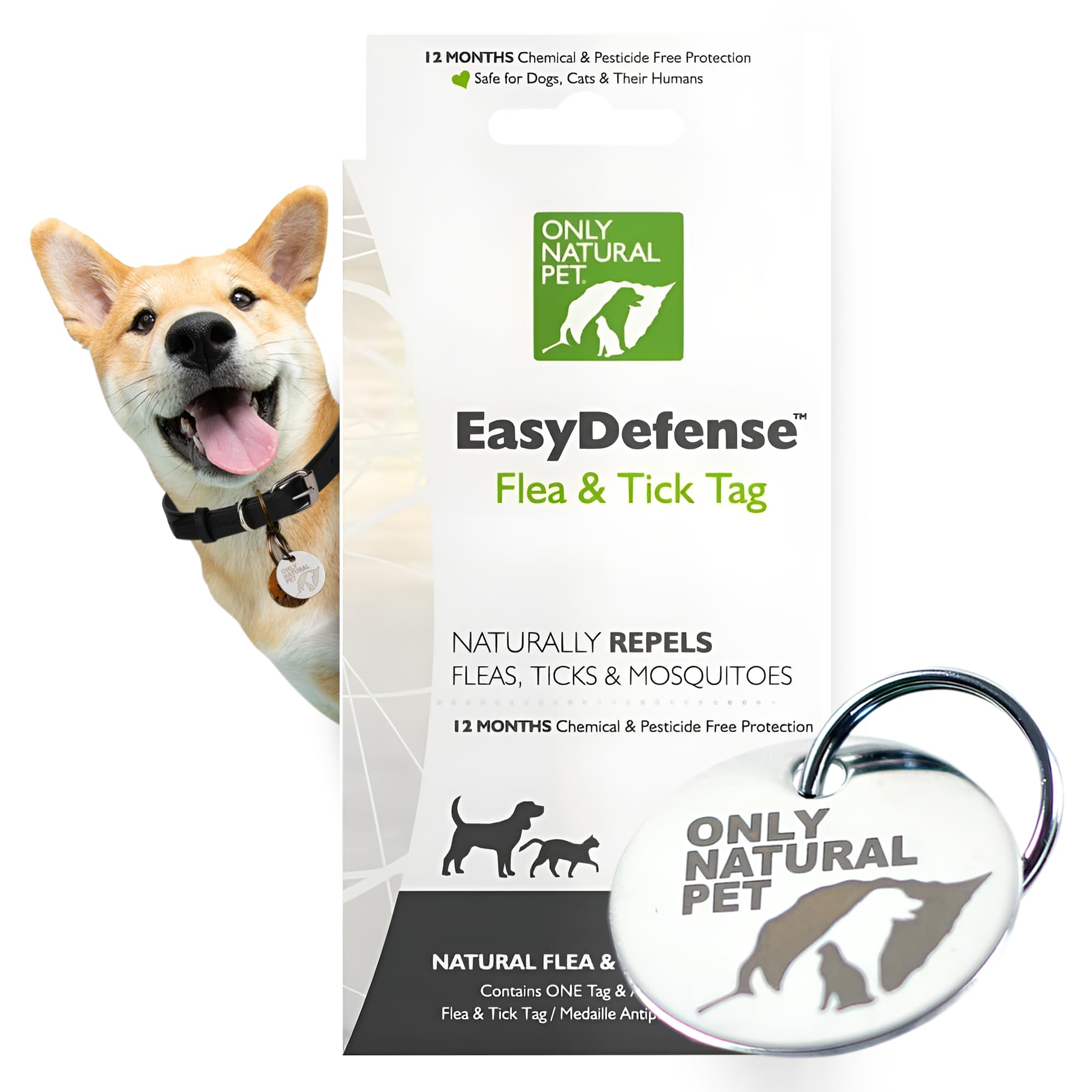 Only Natural Pet EasyDefense Tag lightweight clip demonstrates quick, comfortable collar attachment for all sizes during walks