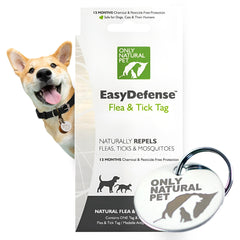 Only Natural Pet EasyDefense Tag lightweight clip demonstrates quick, comfortable collar attachment for all sizes during walks