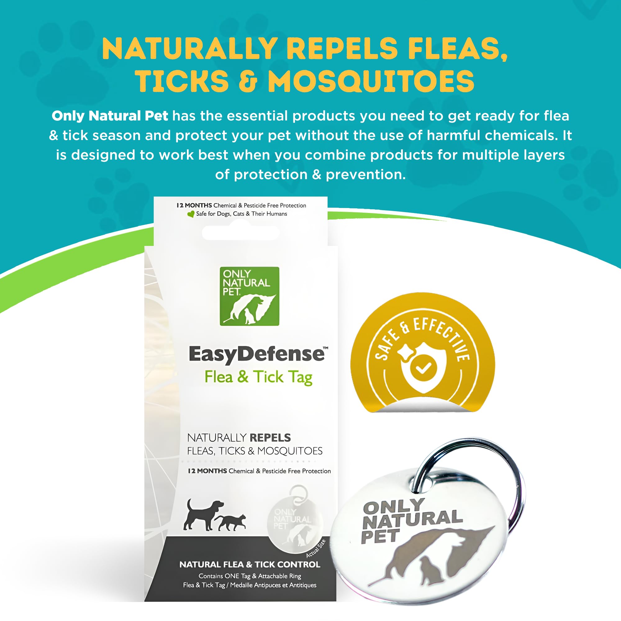 Only Natural Pet EasyDefense Tag water-resistant durability shown on a rugged outdoor scene for year-round wear