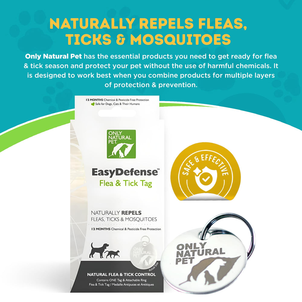 Only Natural Pet EasyDefense Tag water-resistant durability shown on a rugged outdoor scene for year-round wear