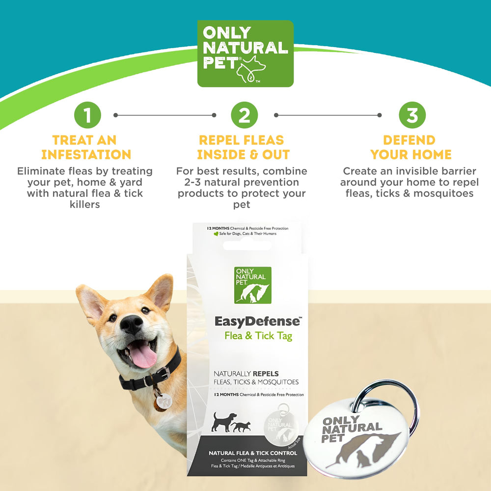 Only Natural Pet EasyDefense Tag year-round-use image highlights indoor and outdoor versatility with durable clip