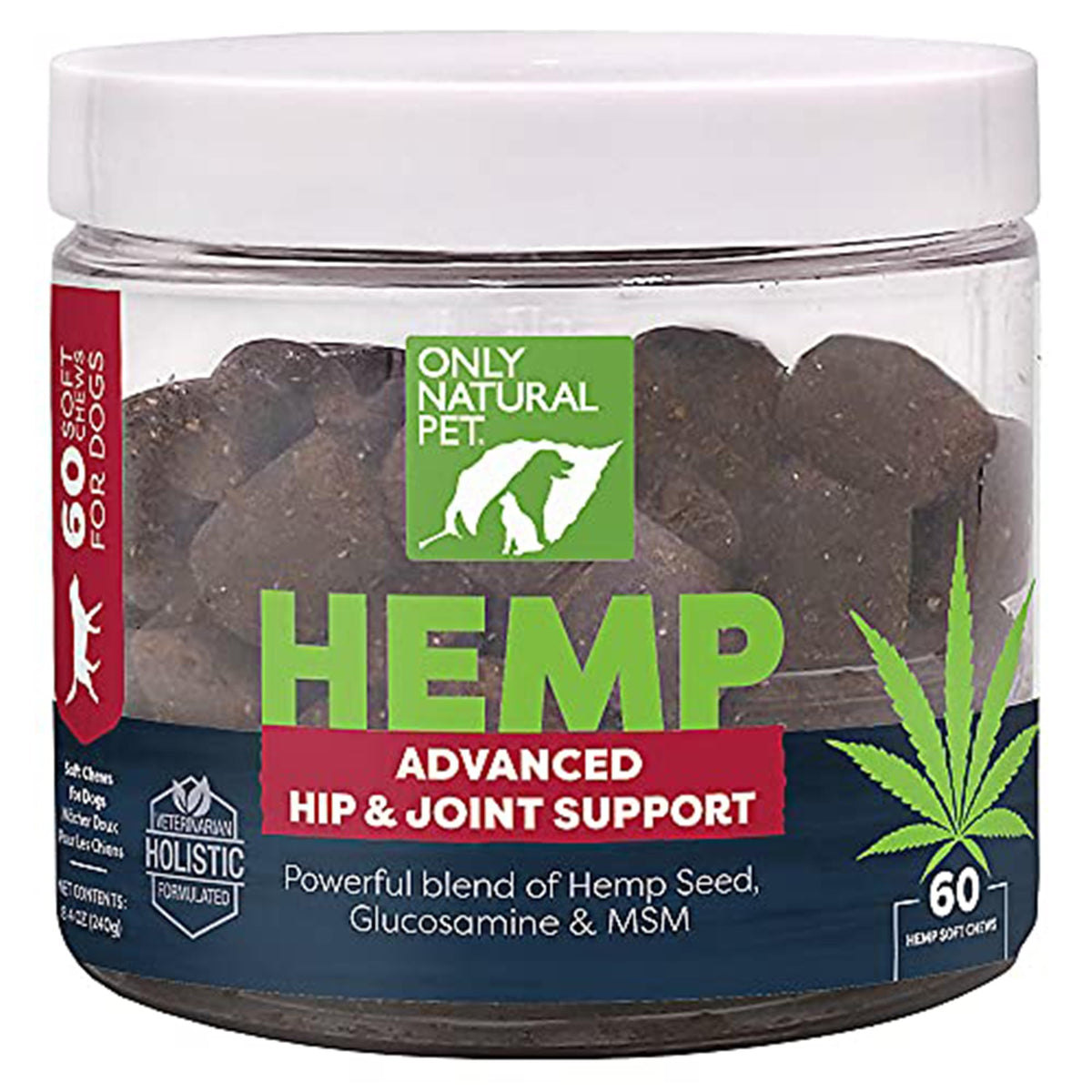 Only Natural Pet Hemp Advanced Mobility dog bottle promotes joint support and smoother movement.