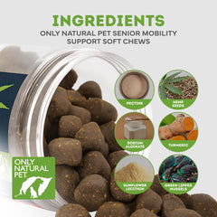 Only Natural Pet Hemp Advanced Mobility ingredients close-up shows hemp, mussels, turmeric for joint wellness.