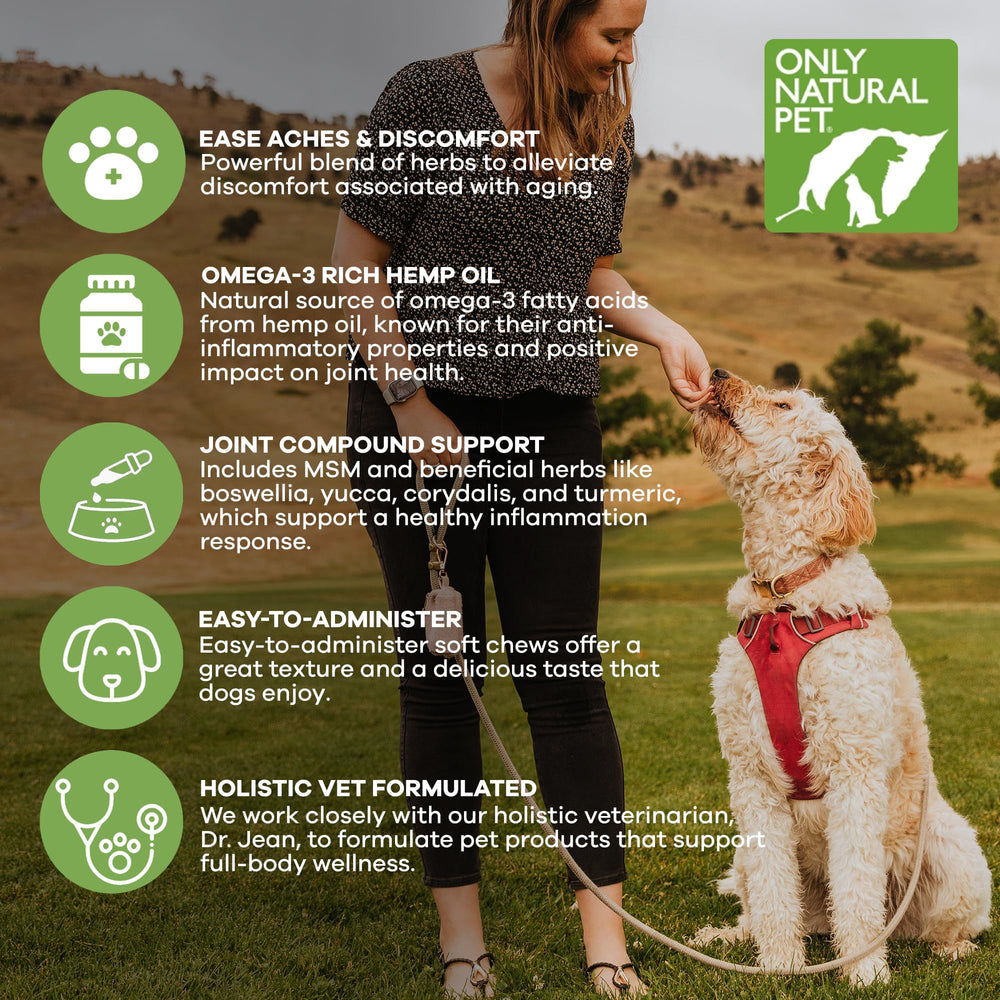 Only Natural Pet Hemp Advanced Mobility label information highlights hip joint wellness ingredients.