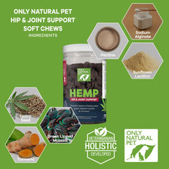 Only Natural Pet Hemp Hip Joint chews closeup highlighting joint comfort.