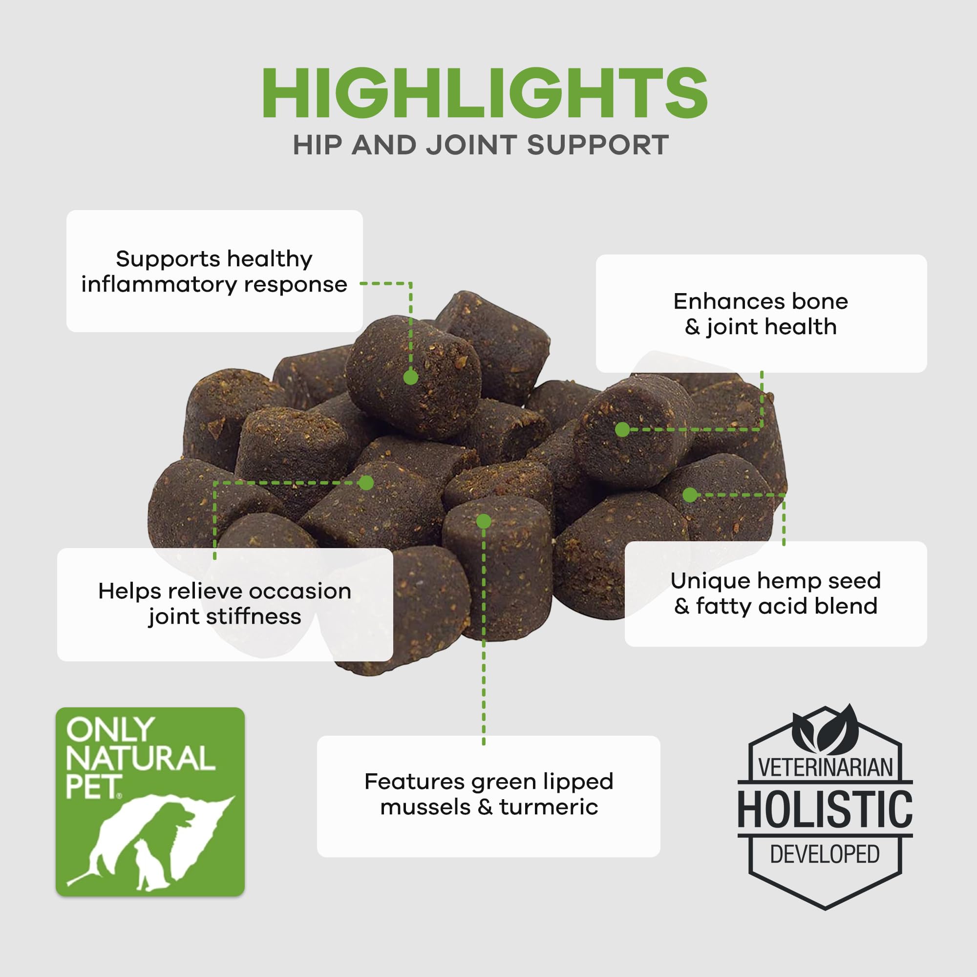 Only Natural Pet Hemp Hip Joint packaging display featuring mussels and turmeric benefits.