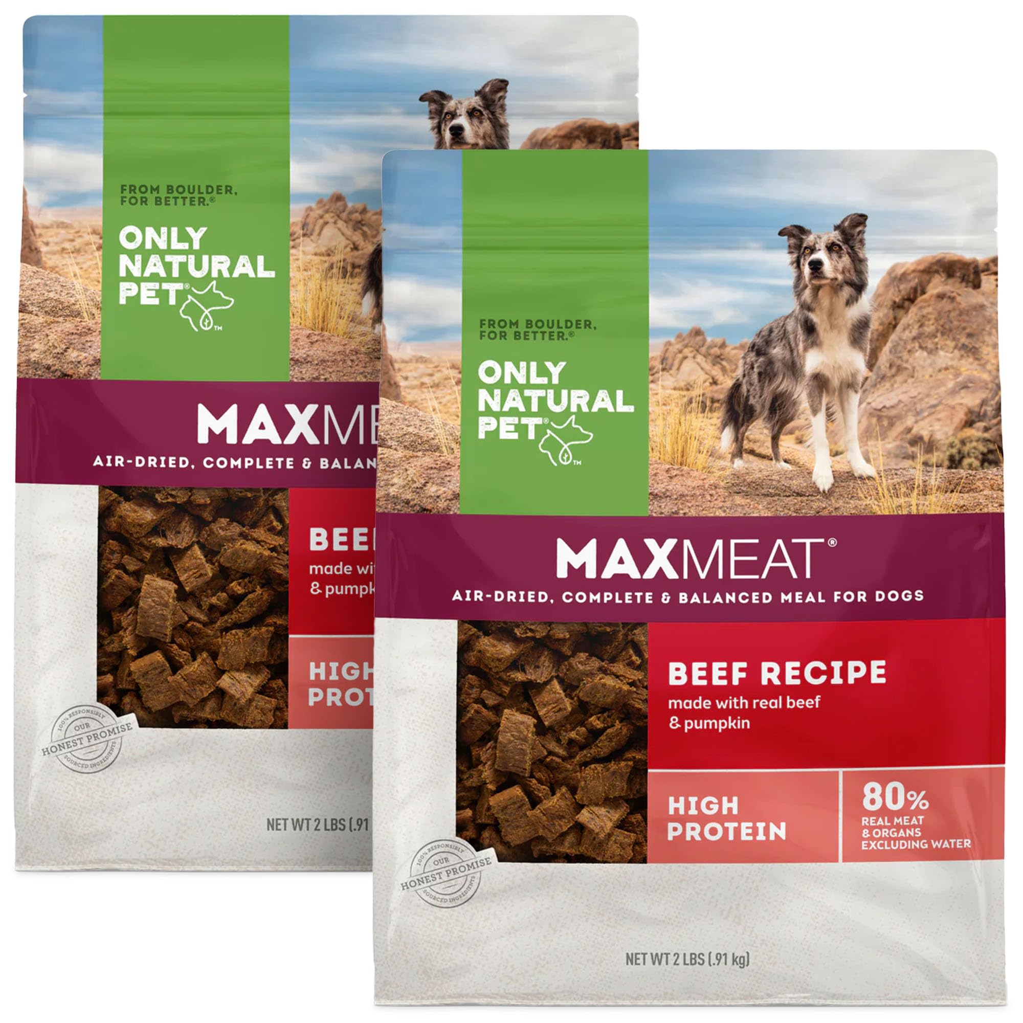 Only Natural Pet MaxMeat beef-pumpkin-parsley bag highlights a grain-free, high-protein meal option.