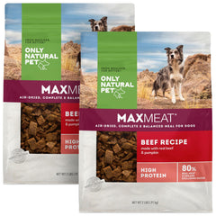 Only Natural Pet MaxMeat beef-pumpkin-parsley bag highlights a grain-free, high-protein meal option.