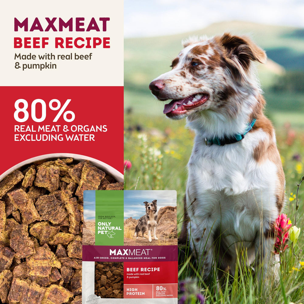 Only Natural Pet MaxMeat-real-meat-protein close-up emphasizes complete protein source from meat.