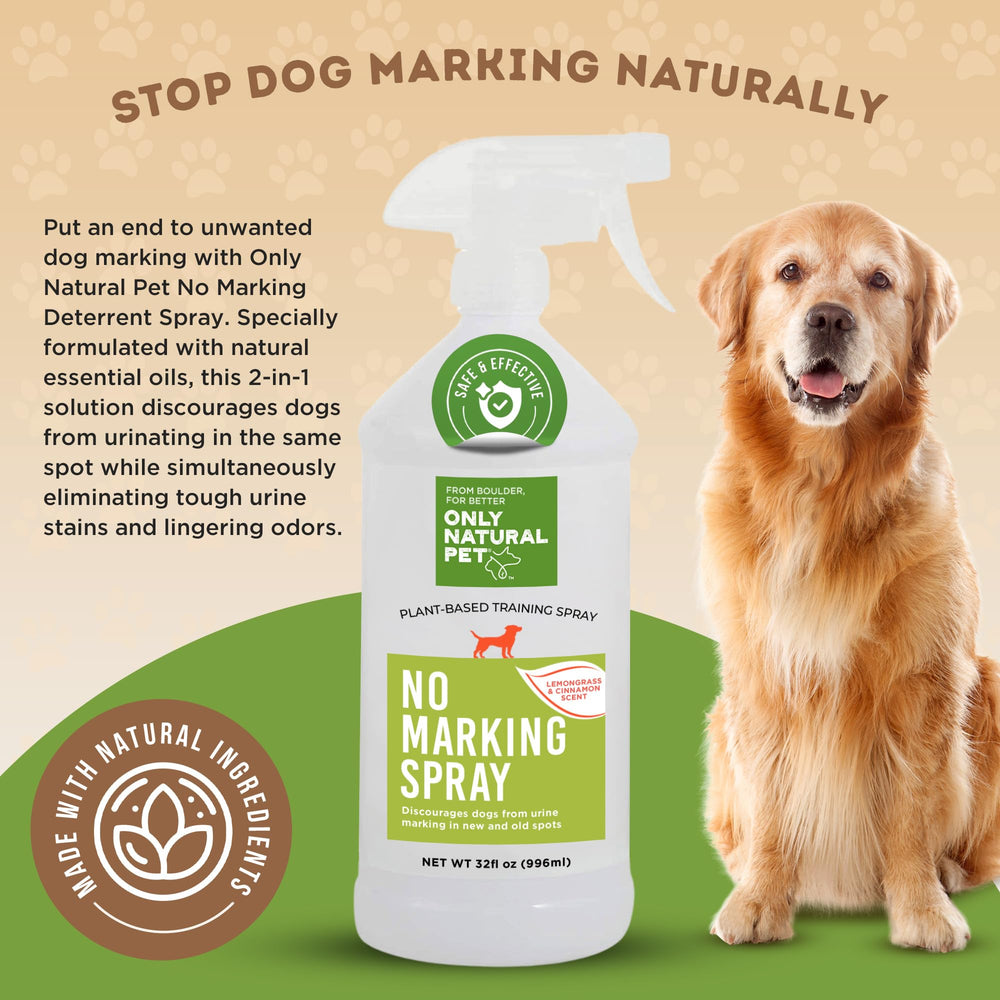 Only Natural Pet No Marking Deterrent applied on outdoor surfaces deters peeing.
