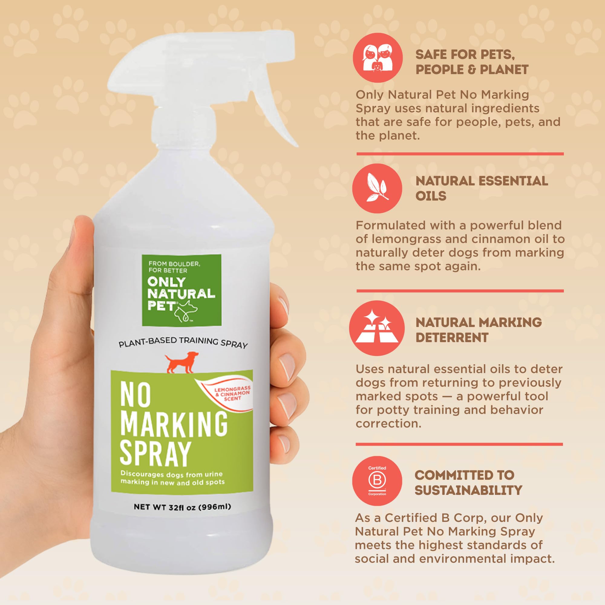 Plant based essential oils scent in Only Natural Pet No Marking Deterrent helps deter urination.