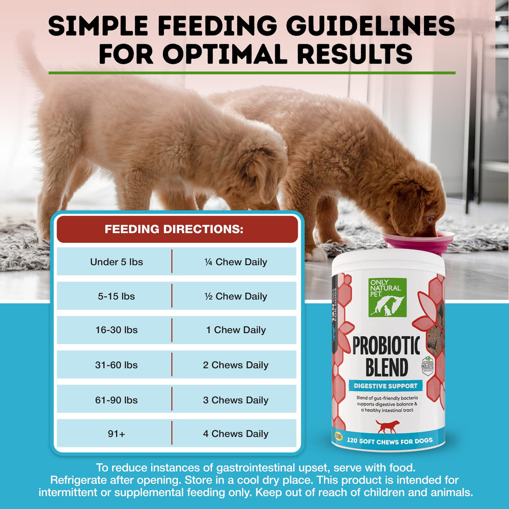 Only Natural Pet puppy and senior dogs enjoying chews illustrates versatile digestive support.