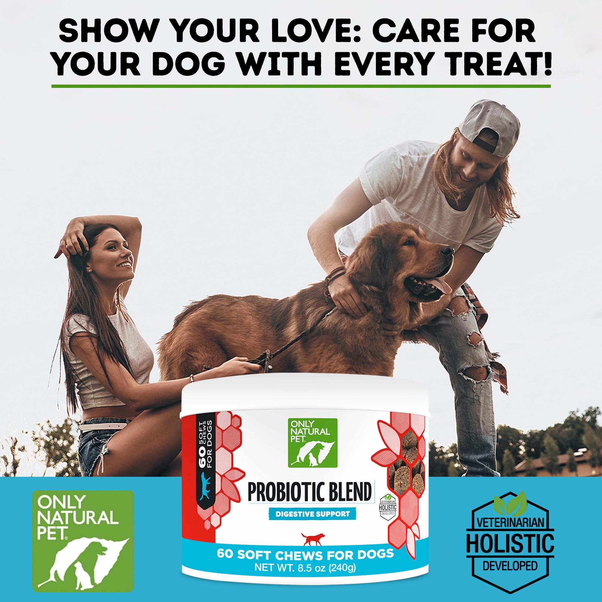 Mezcla multi-cepas de Only Natural Pet Probiotico para flora intestinal equilibrada.