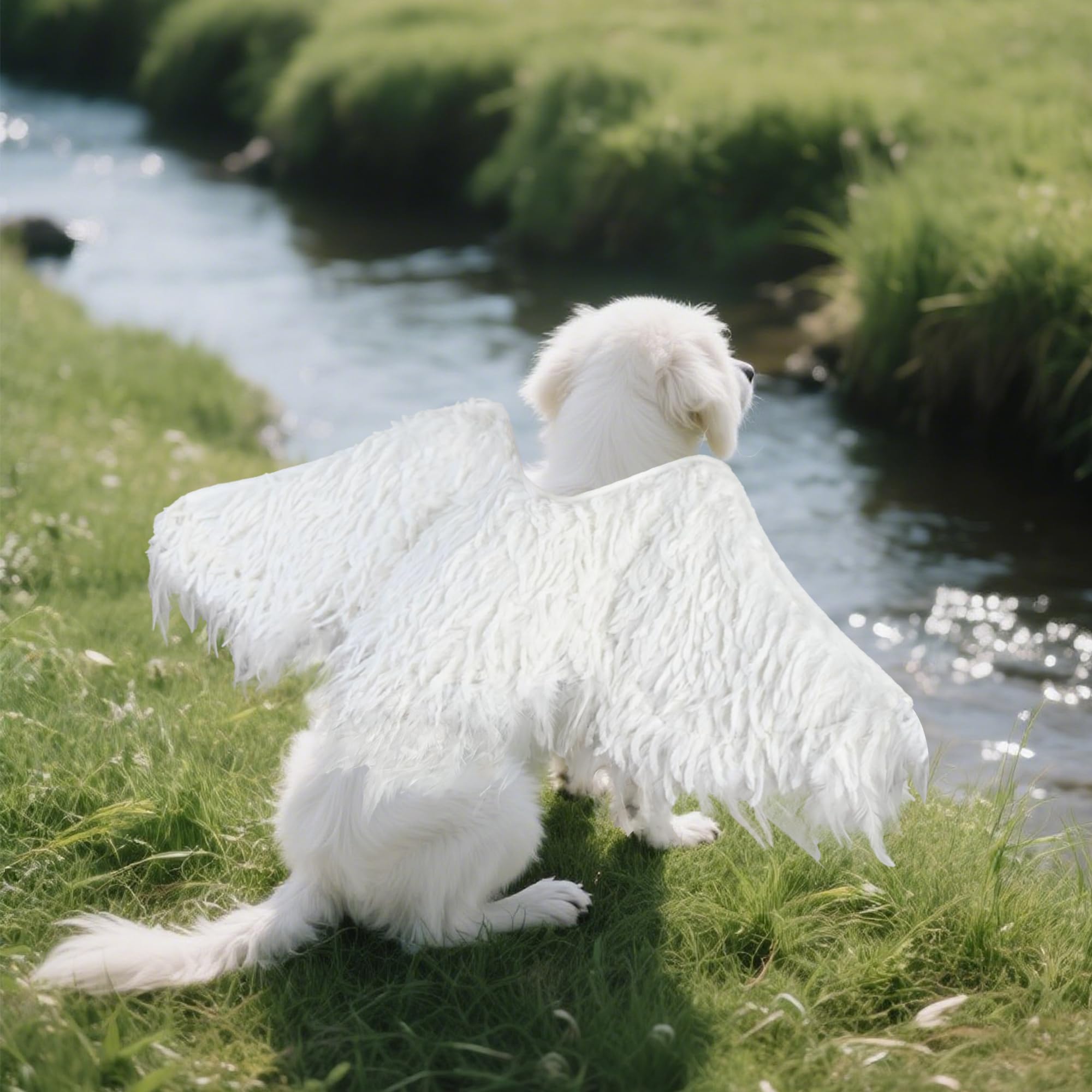 Onmygogo dog wing costume white feather side view with secure fit