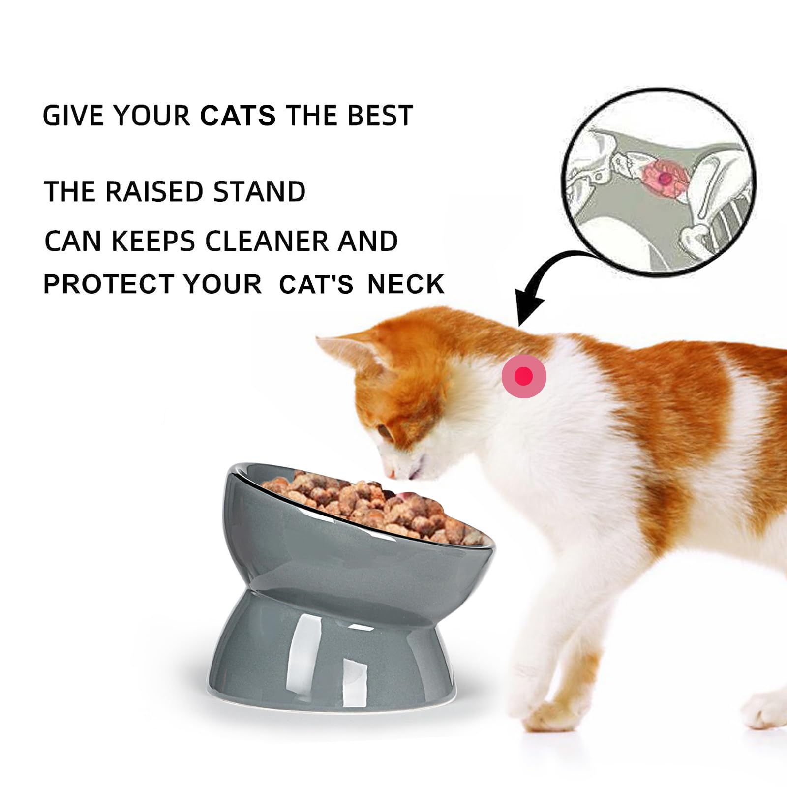 ONTUBE ceramic raised cat dishes bowl gray microwave-safe for reheating