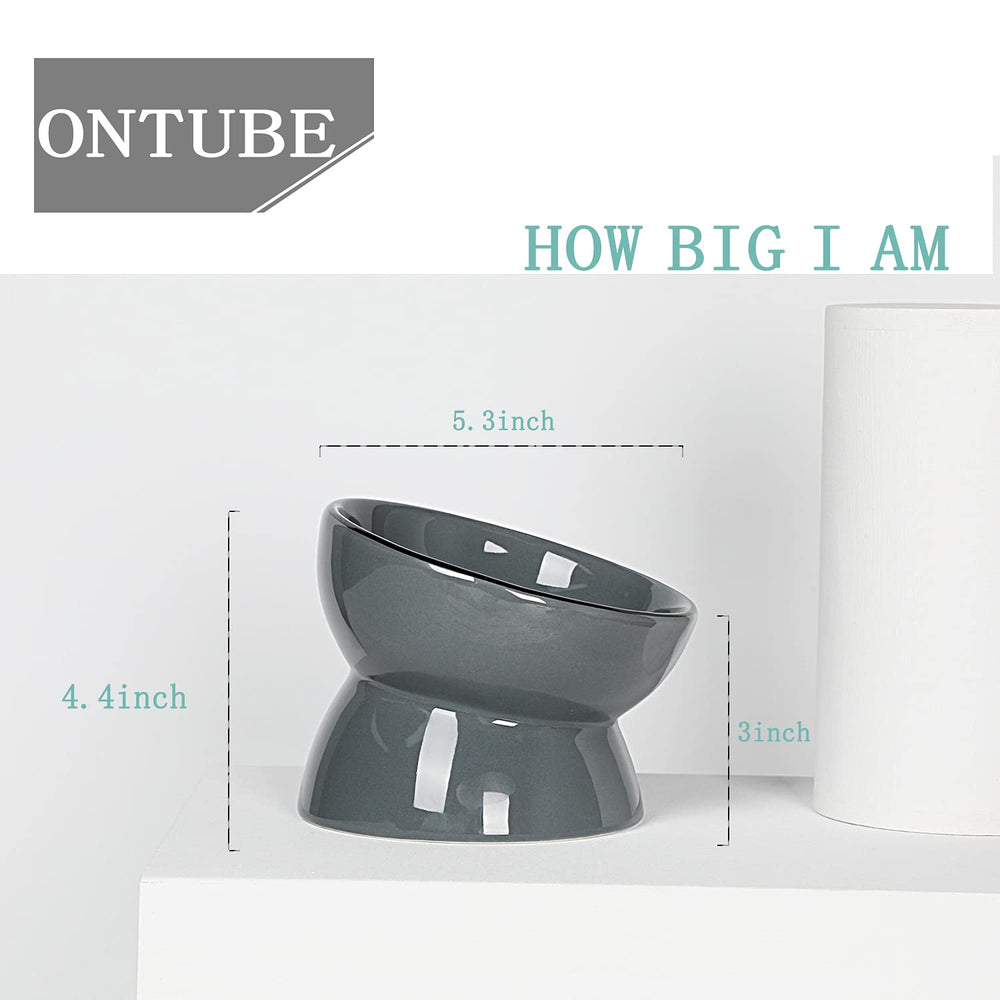 ONTUBE ceramic raised cat bowl gray side view shows ergonomic design