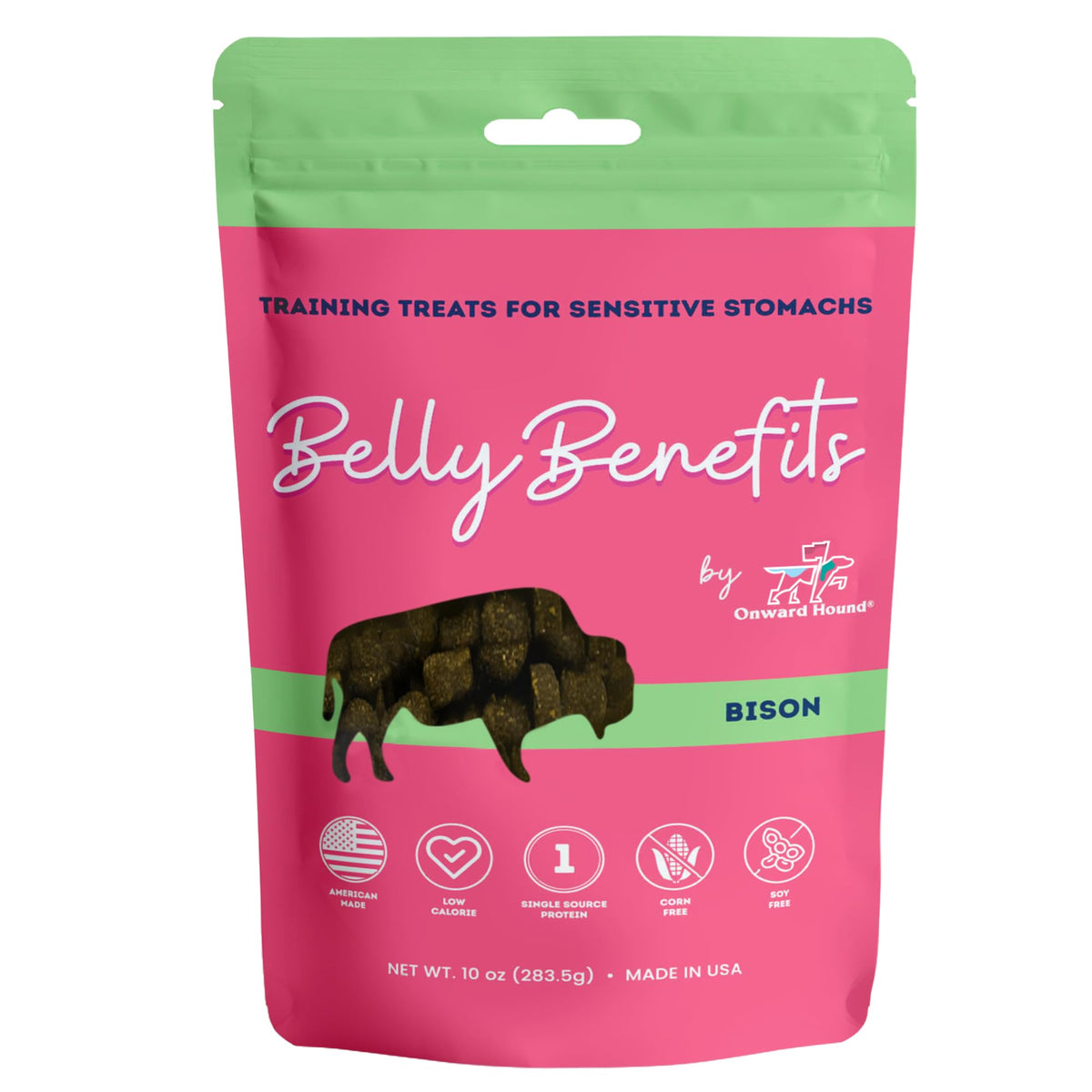 Onward Hound training treats soft-bison packaging closeup, premium ingredients for gentle digestion