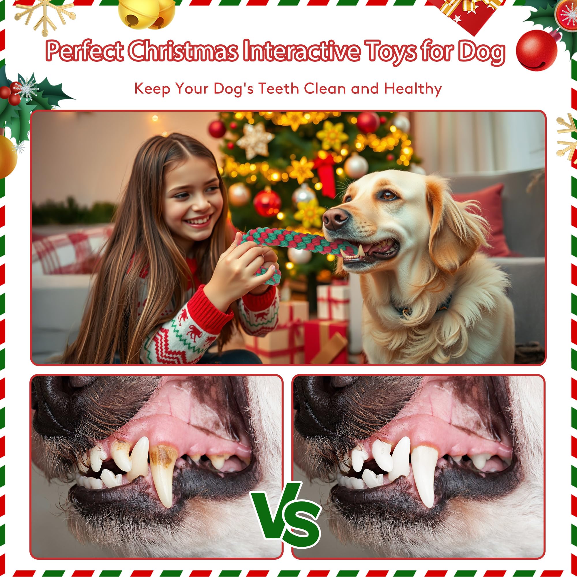 Onwoli Christmas dog rope toy colors: bright cane candy hues for holiday play.