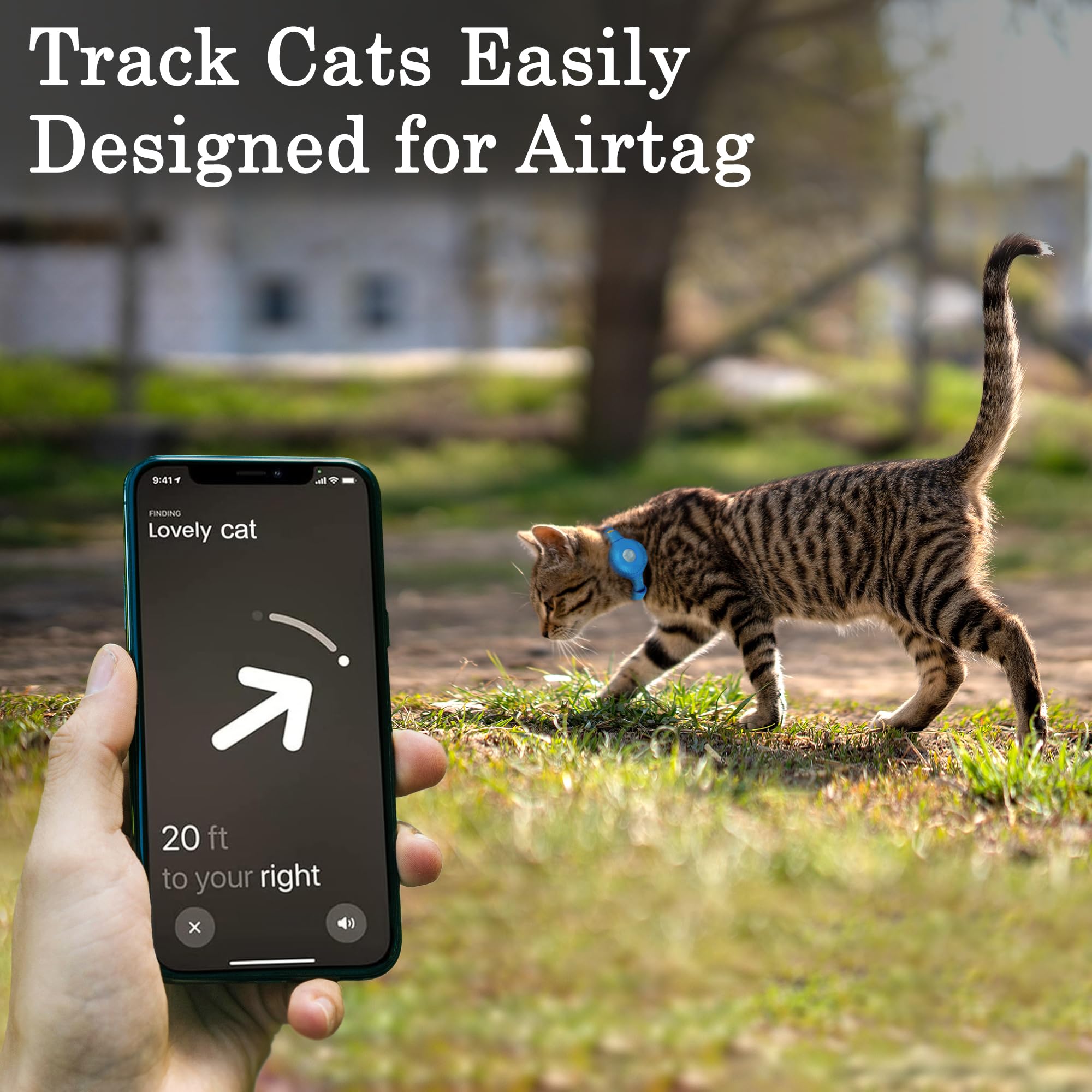 OOPSDOGGY AirTag cat collar blue integrated holder shows secure AirTag integration for tracking