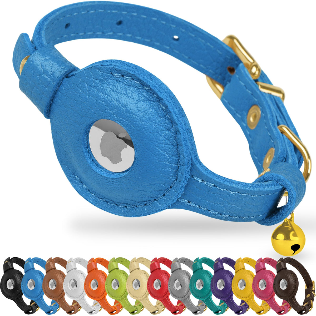 OOPSDOGGY Leather AirTag Cat Collar blue closeup highlights adjustable comfort