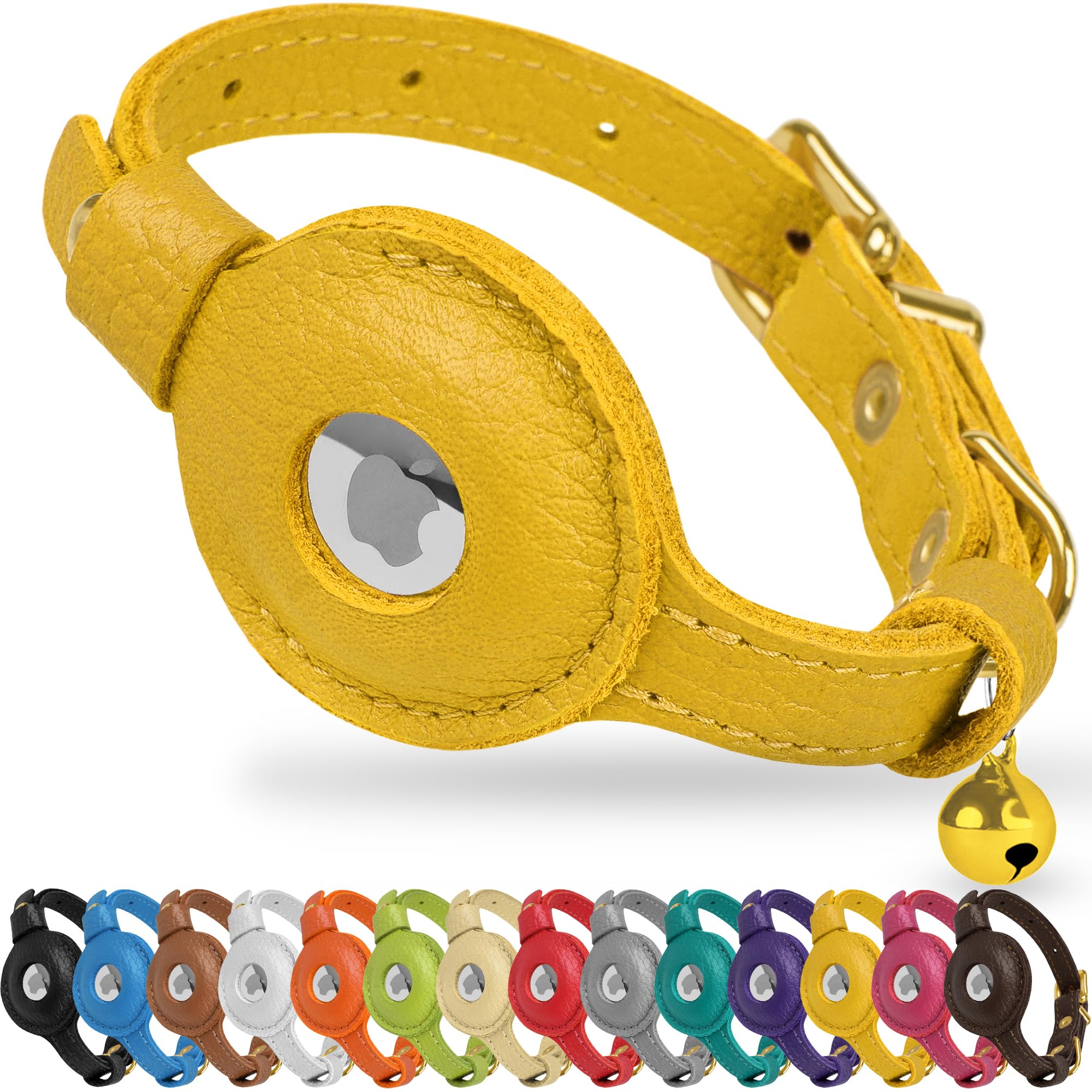 OOPSDOGGY leather AirTag collar yellow closeup shows stylish durability for cats