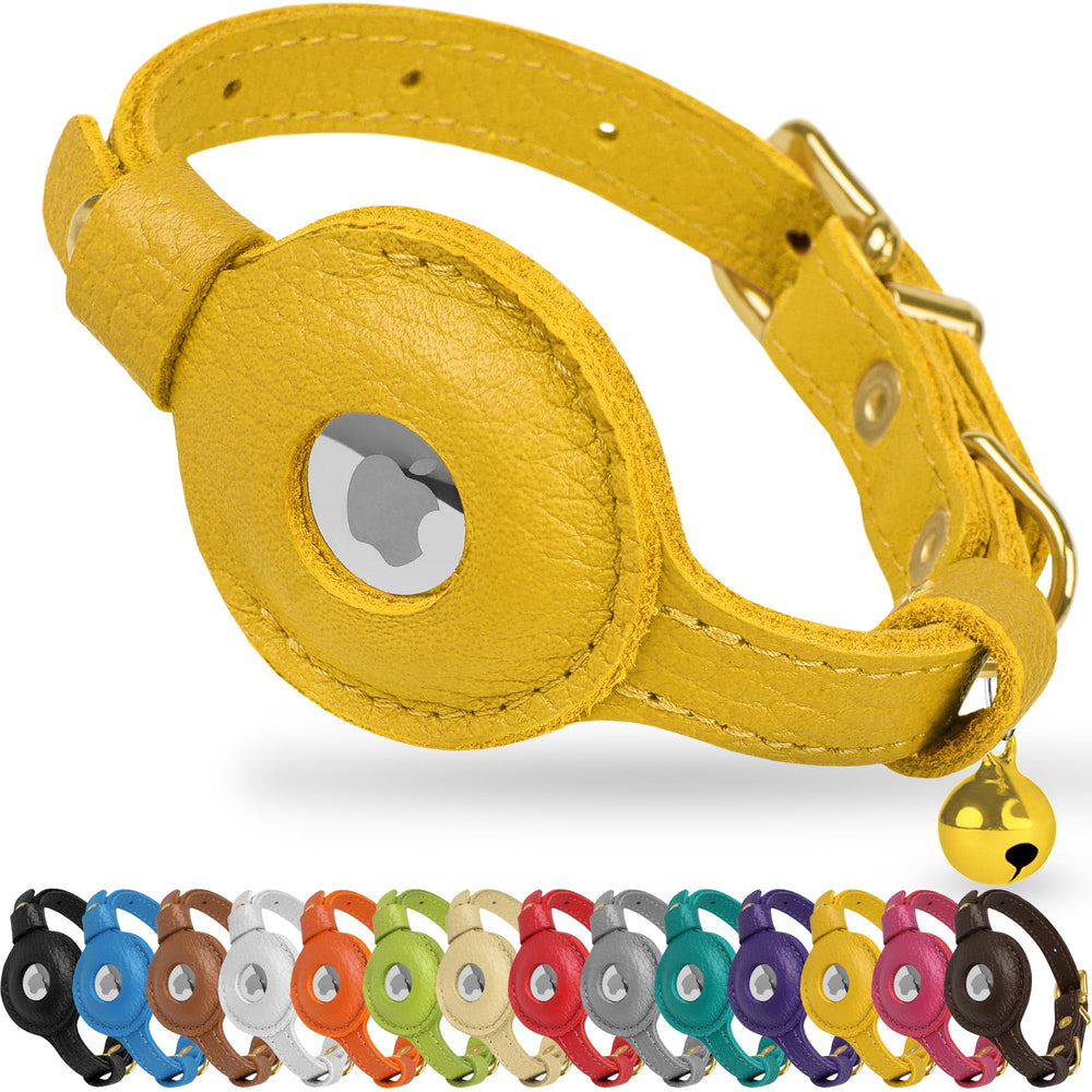 OOPSDOGGY leather AirTag collar yellow closeup shows stylish durability for cats