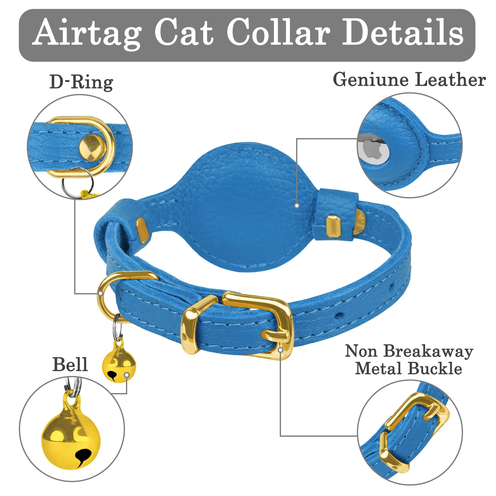 OOPSDOGGY Leather Cat Collar blue with built-in bell enhances pet safety and awareness