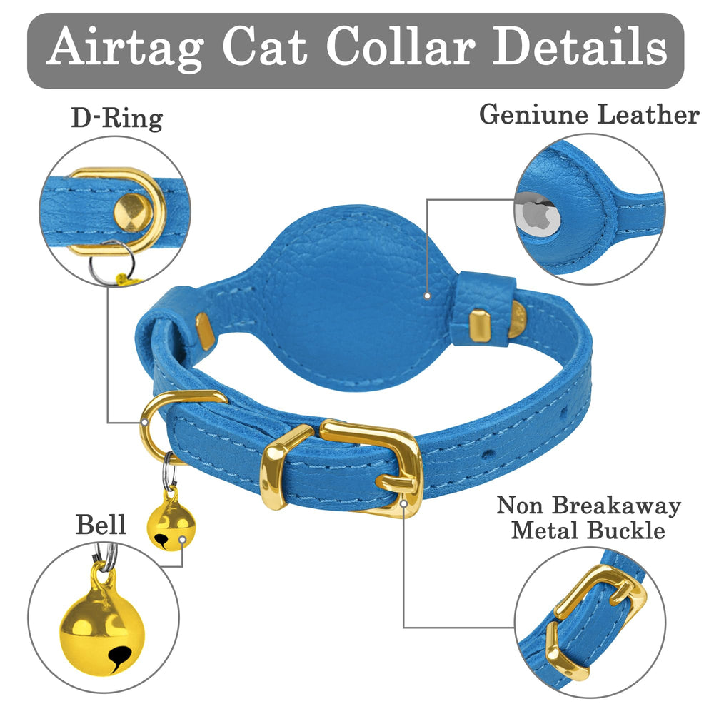 OOPSDOGGY Leather Cat Collar blue with built-in bell enhances pet safety and awareness