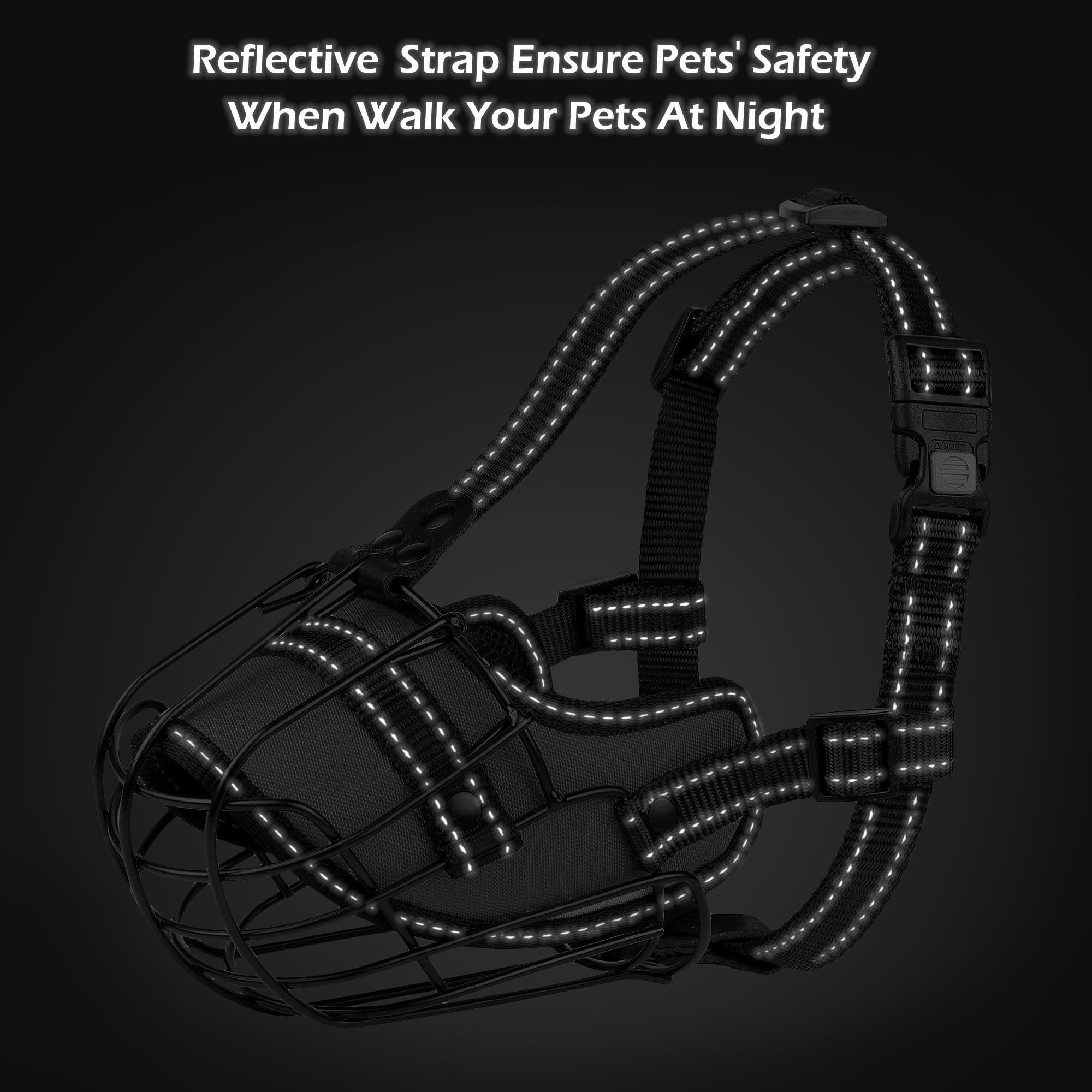 OOPSDOGGY muzzle showing reflective nylon straps for safer night-walking visibility
