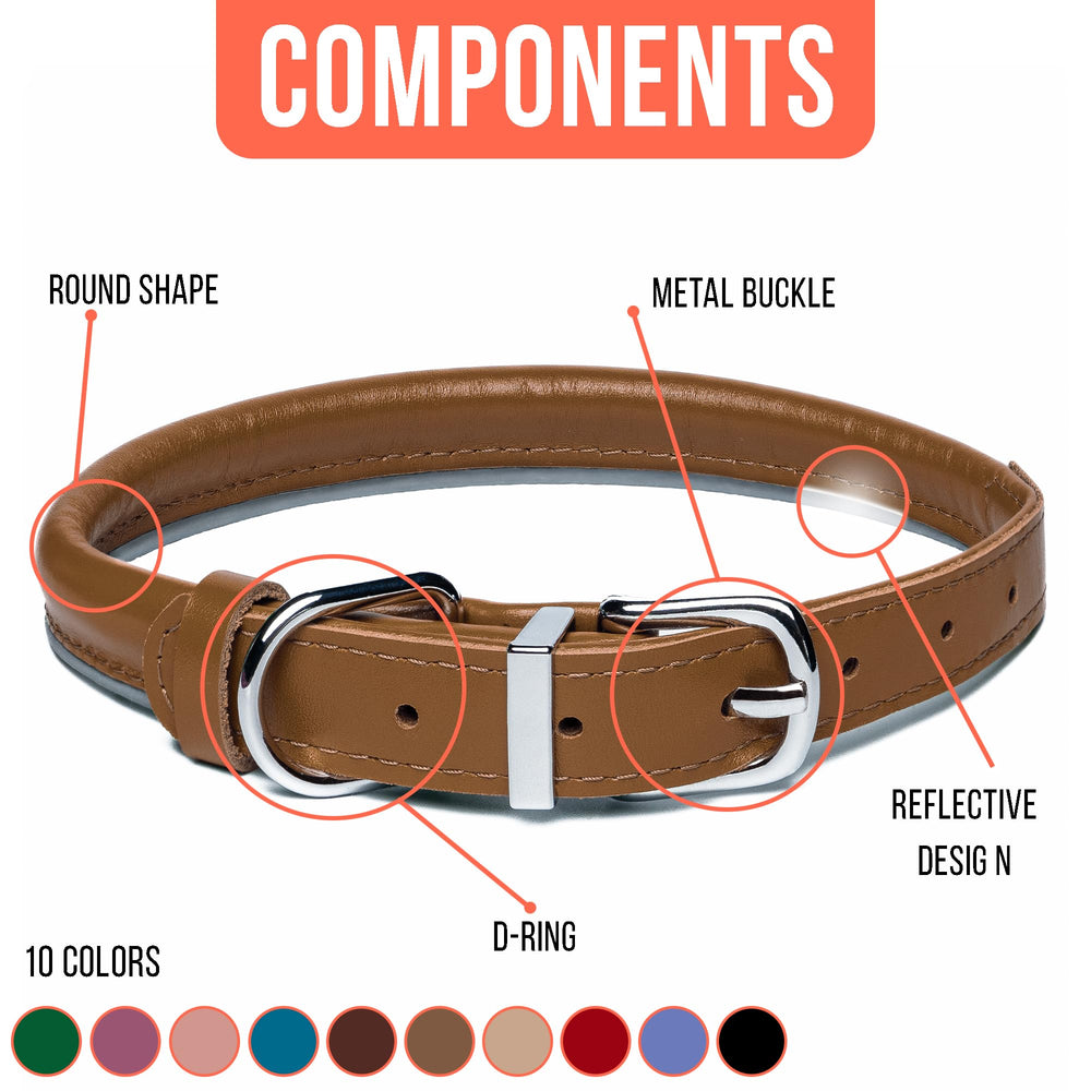OOPSDOGGY rolled leather collar front view caramel showing classic style