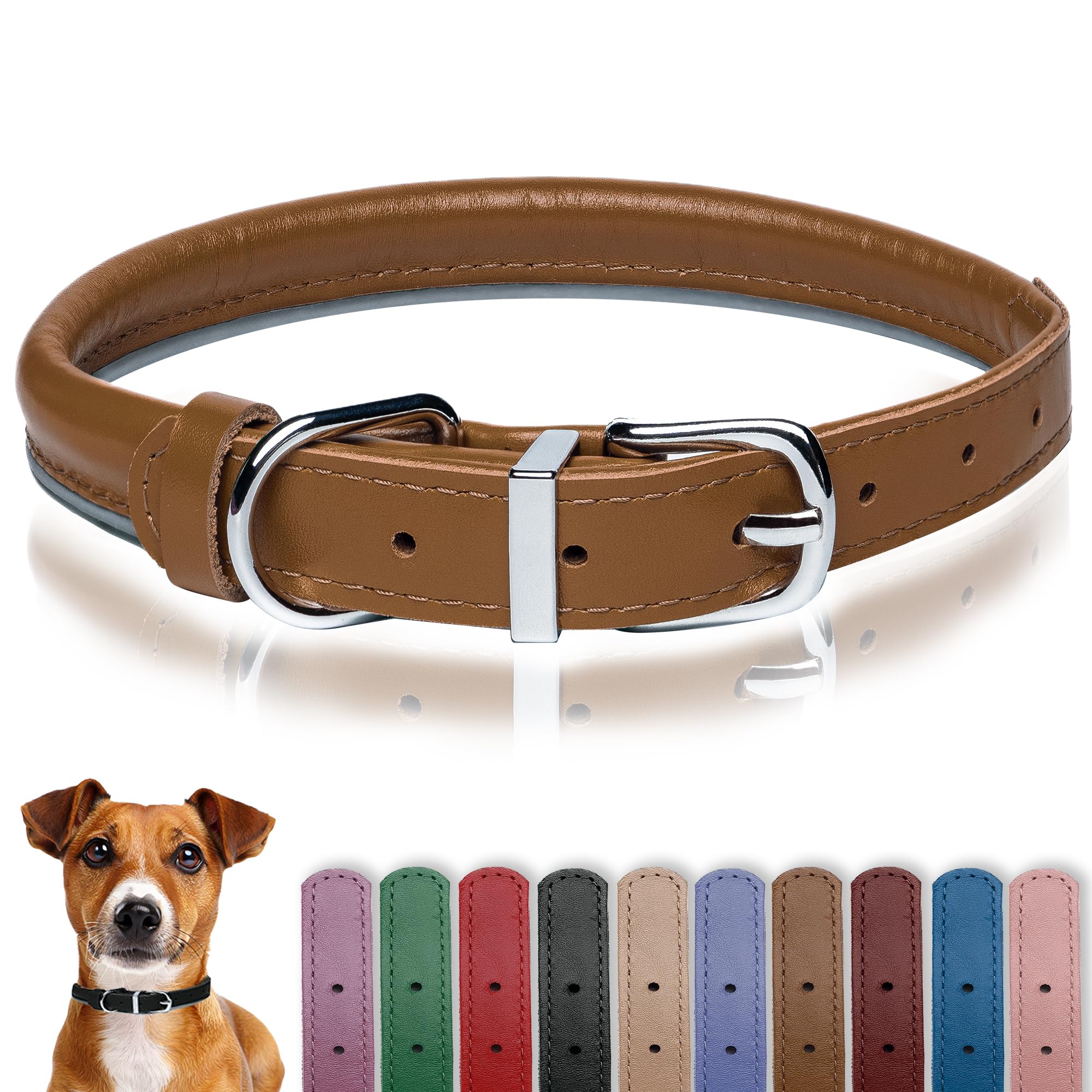 OOPSDOGGY rolled leather collar side view caramel with durable XL fit for daily walks