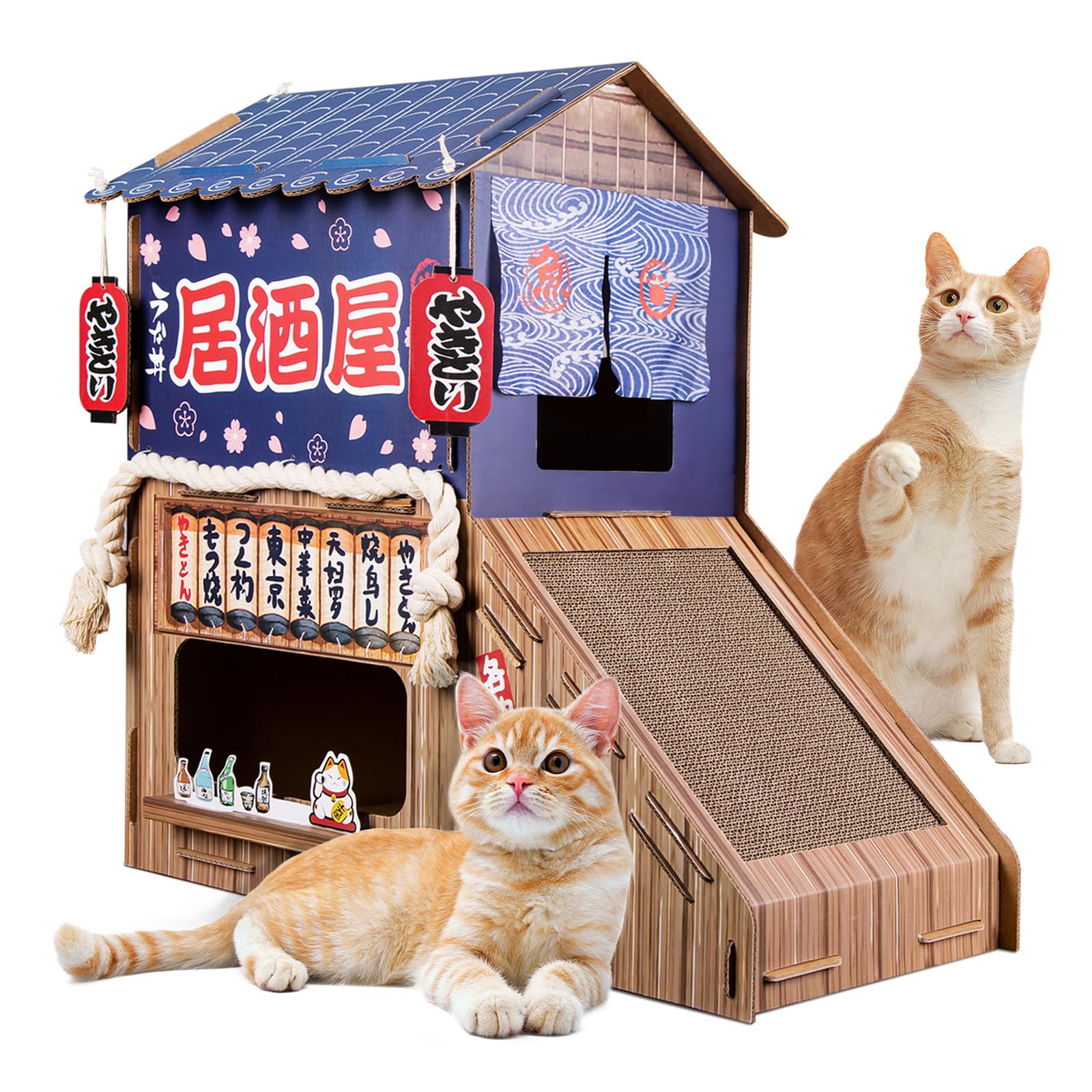 opbodqo cardboard cat house front view shows a double bed lounging.