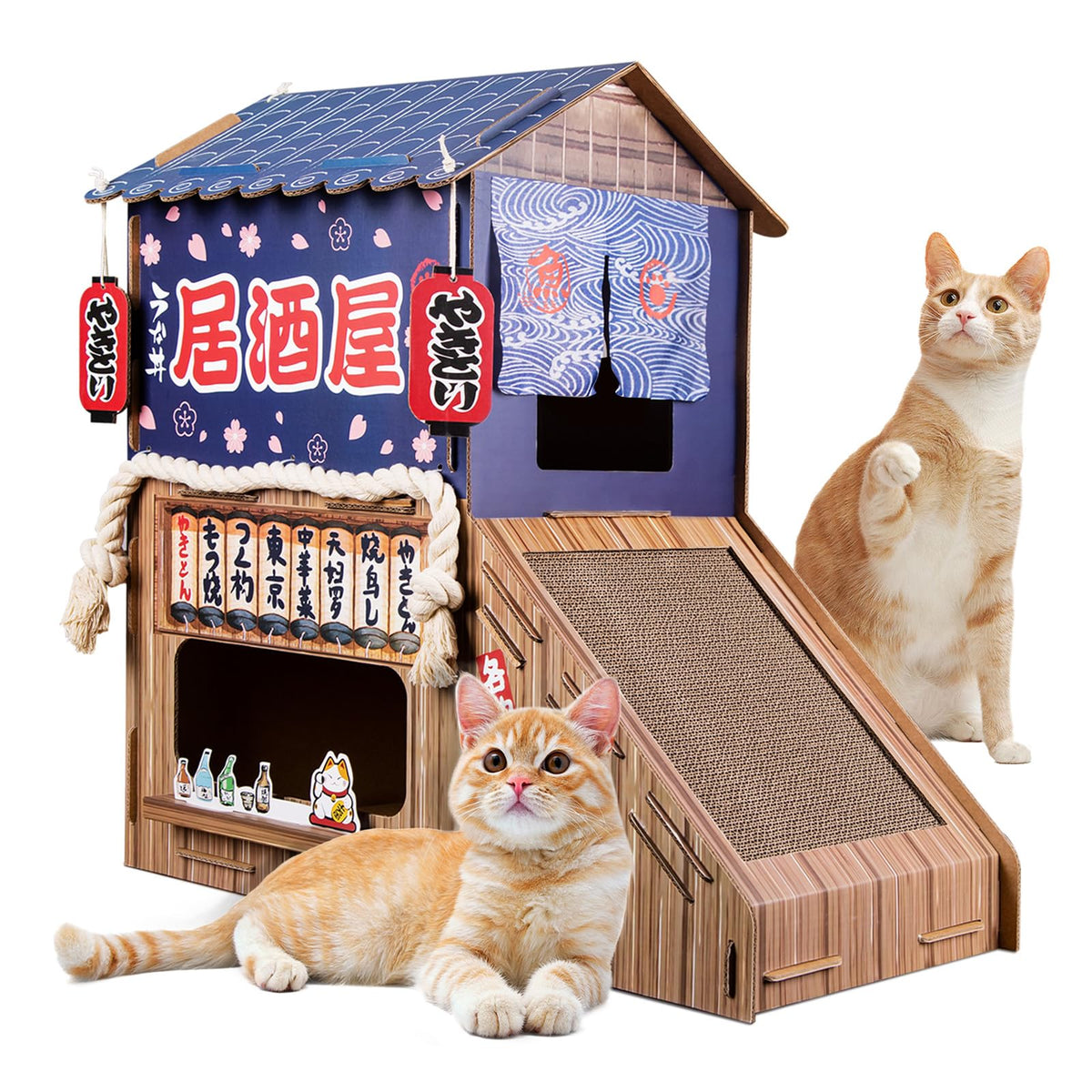 opbodqo cardboard cat house front view shows a double bed lounging.