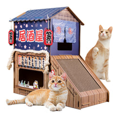 opbodqo cardboard cat house front view shows a double bed lounging.