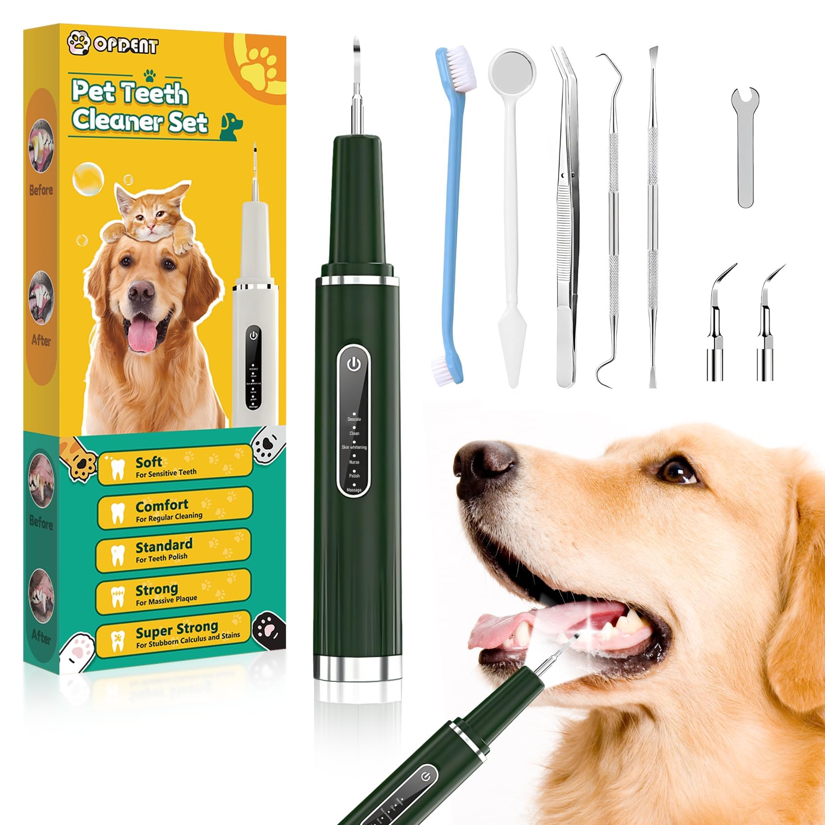 Opdent dog plaque remover kit green showing complete cleaning toolkit for gentle tartar removal.