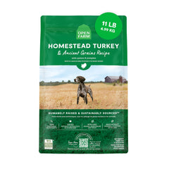 Open Farm Ancient Grains Dry Dog Food bag showing protein-rich turkey and oats for sensitive stomachs.