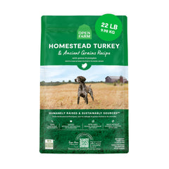Open Farm Ancient Grains turkey recipe bag closeup shows premium ingredients and protein-rich formula.