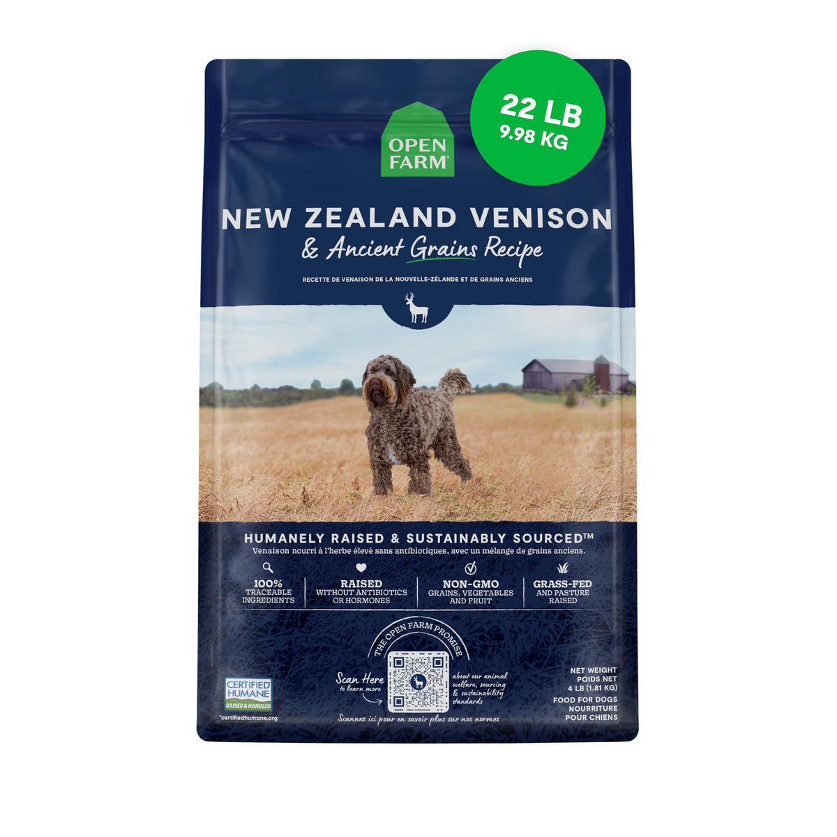 Open Farm ancient-grains-dry-dog-food-bowl shows protein-rich venison for active dogs.