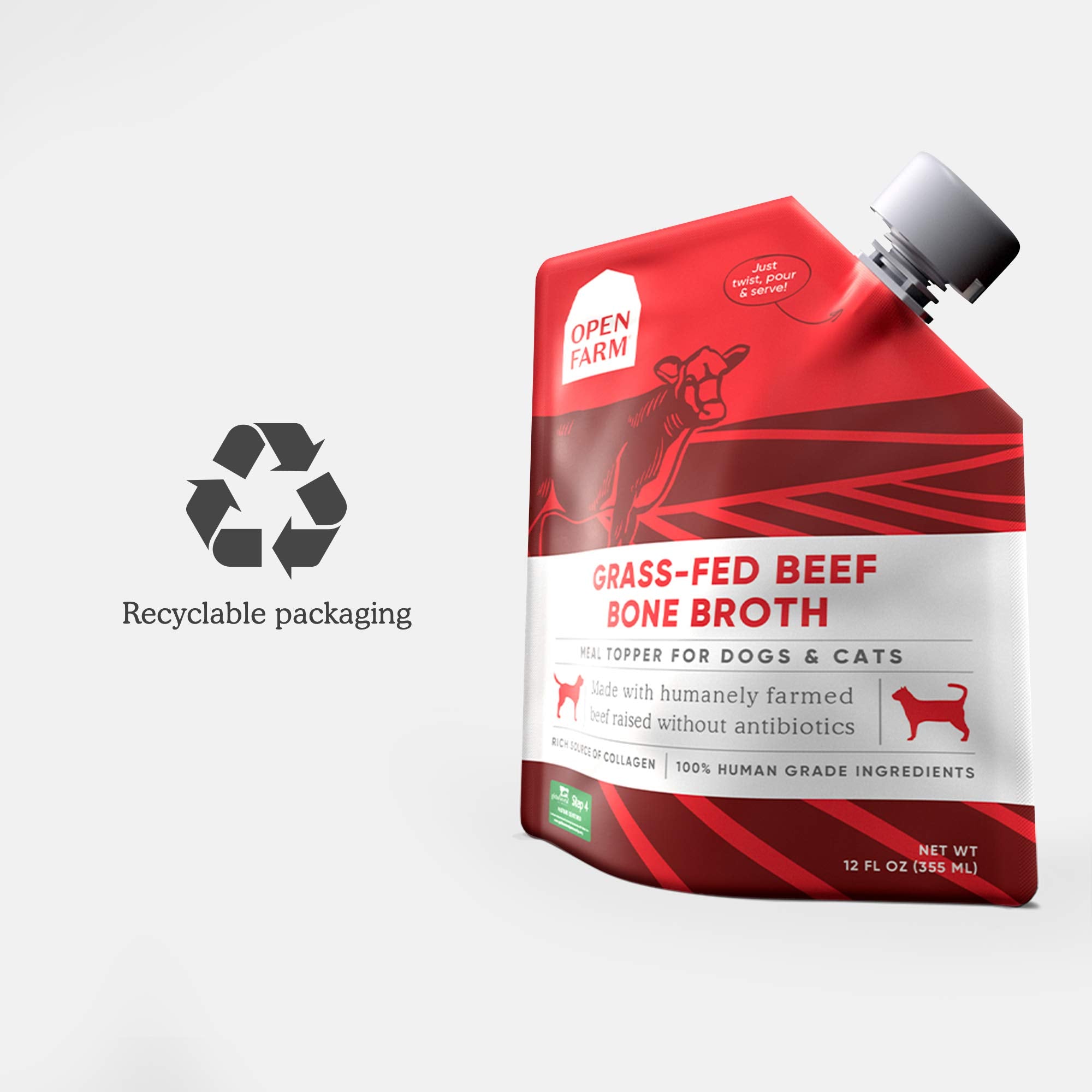 Open Farm Bone Broth 12oz packaging shown for convenient feeding.