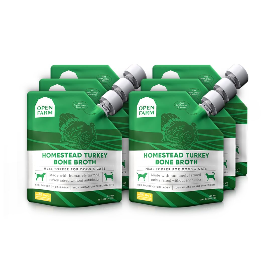 Open Farm bone broth bottle pour highlights simple ingredients for pets