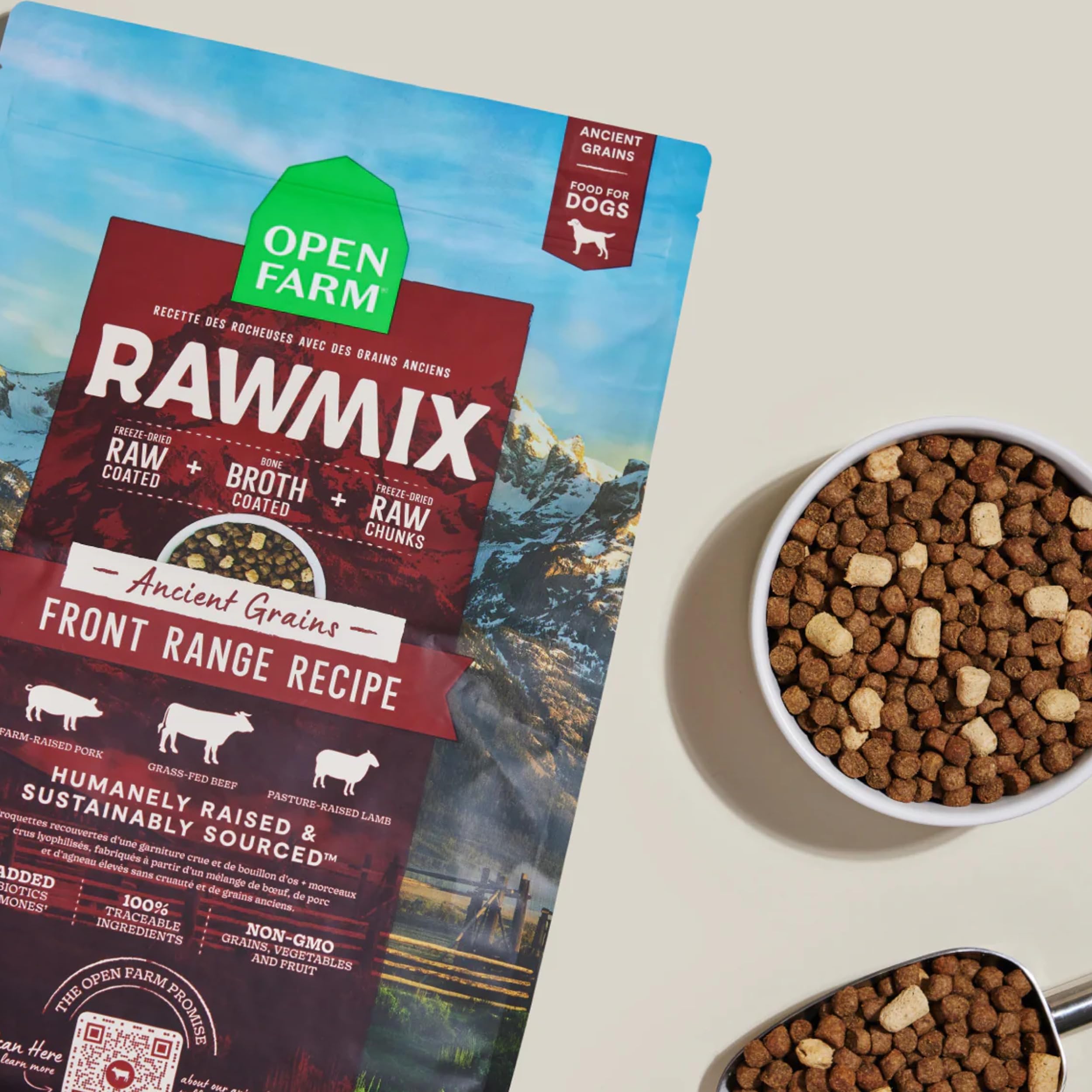 Open Farm bone broth-coated kibble enhances flavor and palatability.