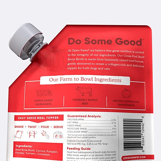 Open Farm bone broth-dog-cat-bowl depicts pets enjoying a protein-forward topper for meals.