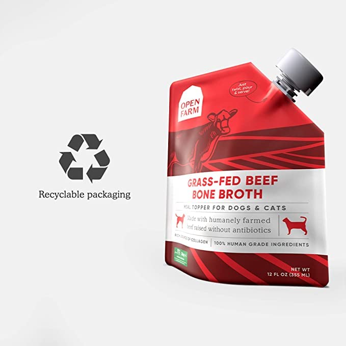 Open Farm bone broth-grass-fed-beef-label emphasizes ethically sourced beef and transparency.