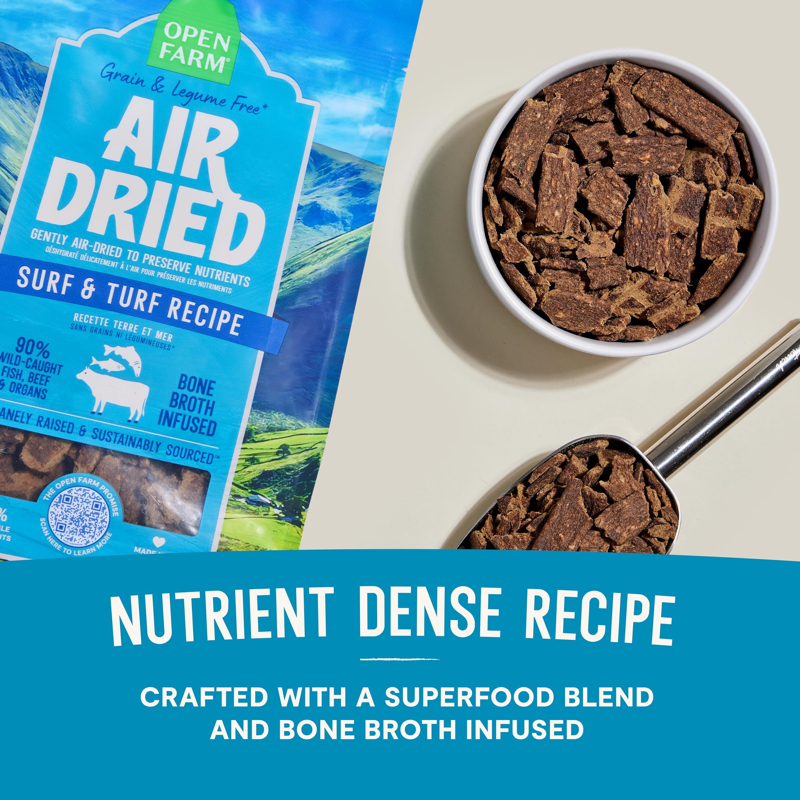 Open Farm bone broth-infused dog food with savory aroma.