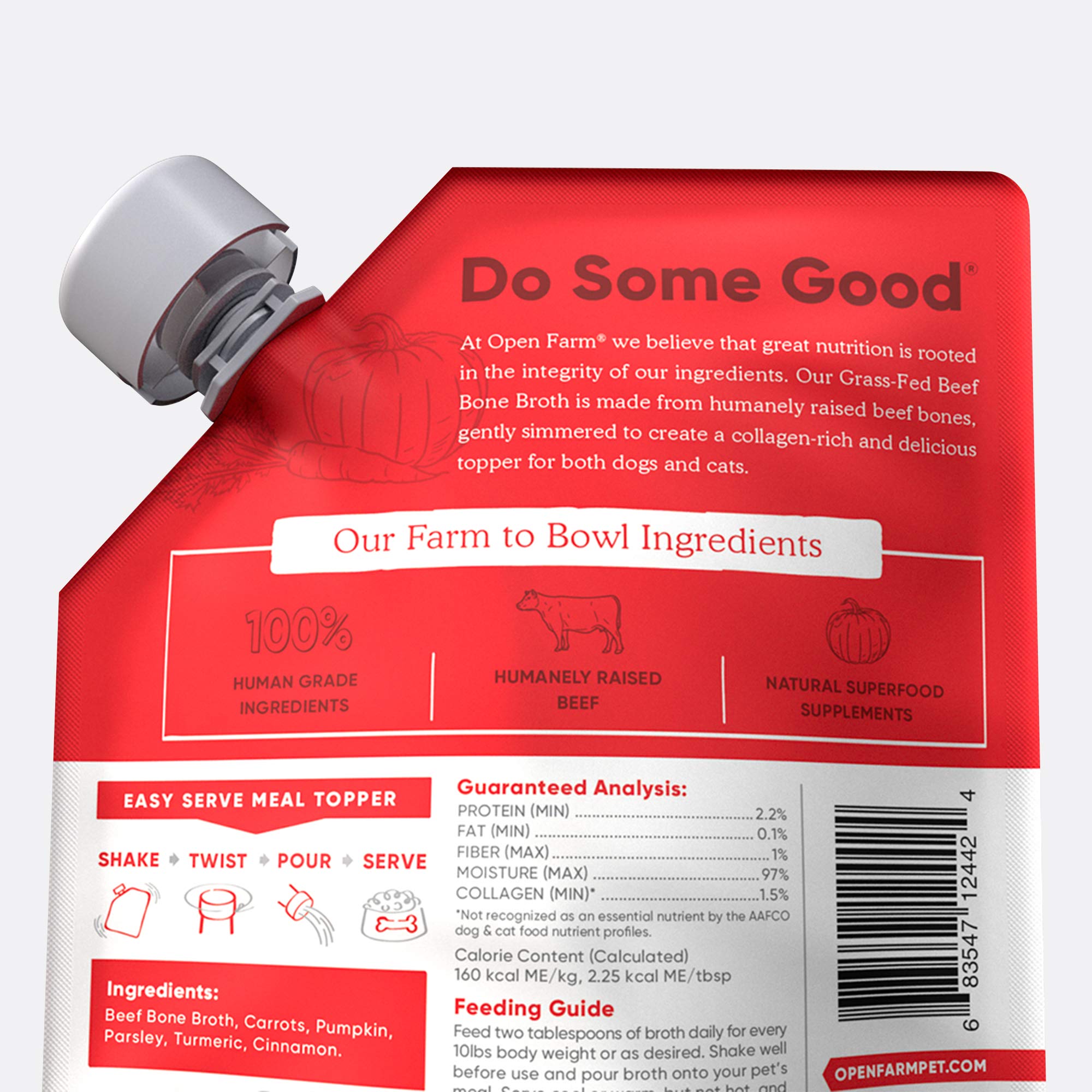 Open Farm Bone Broth ingredients label highlighting human-grade ingredients.