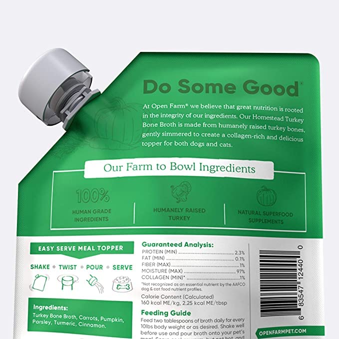 Open Farm bone broth 72oz pack image communicates value and sustainability