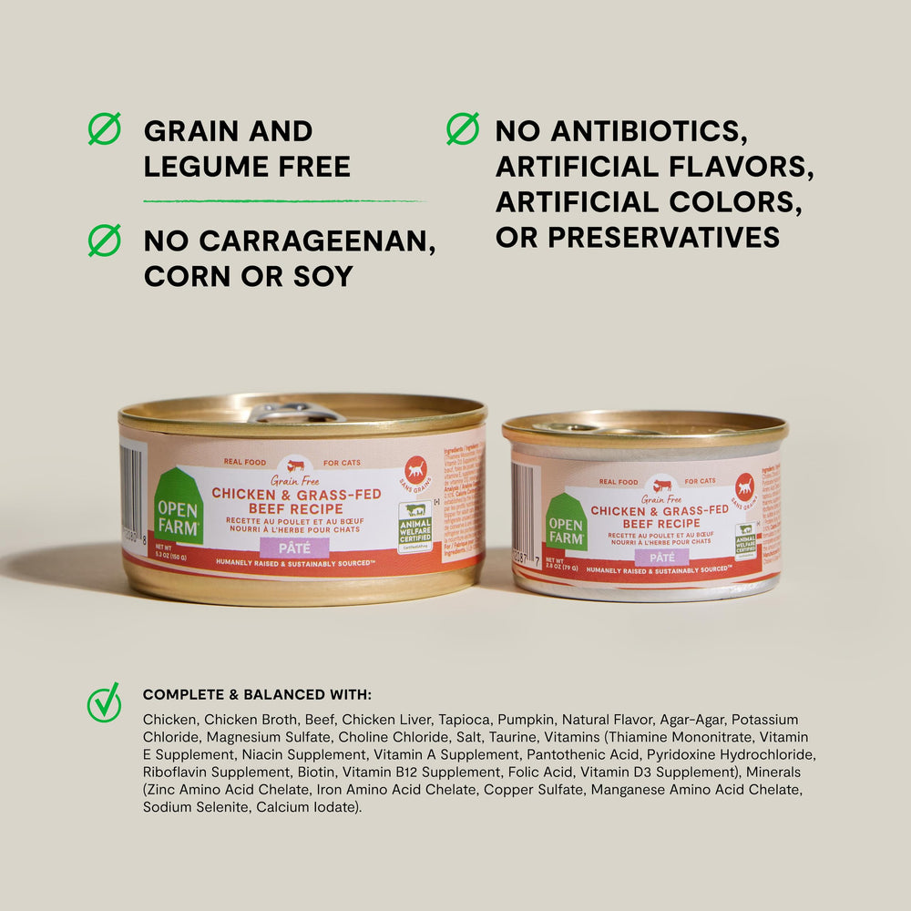 Open Farm canned cat food pate ingredients show high-quality proteins and veggies for balanced meals.