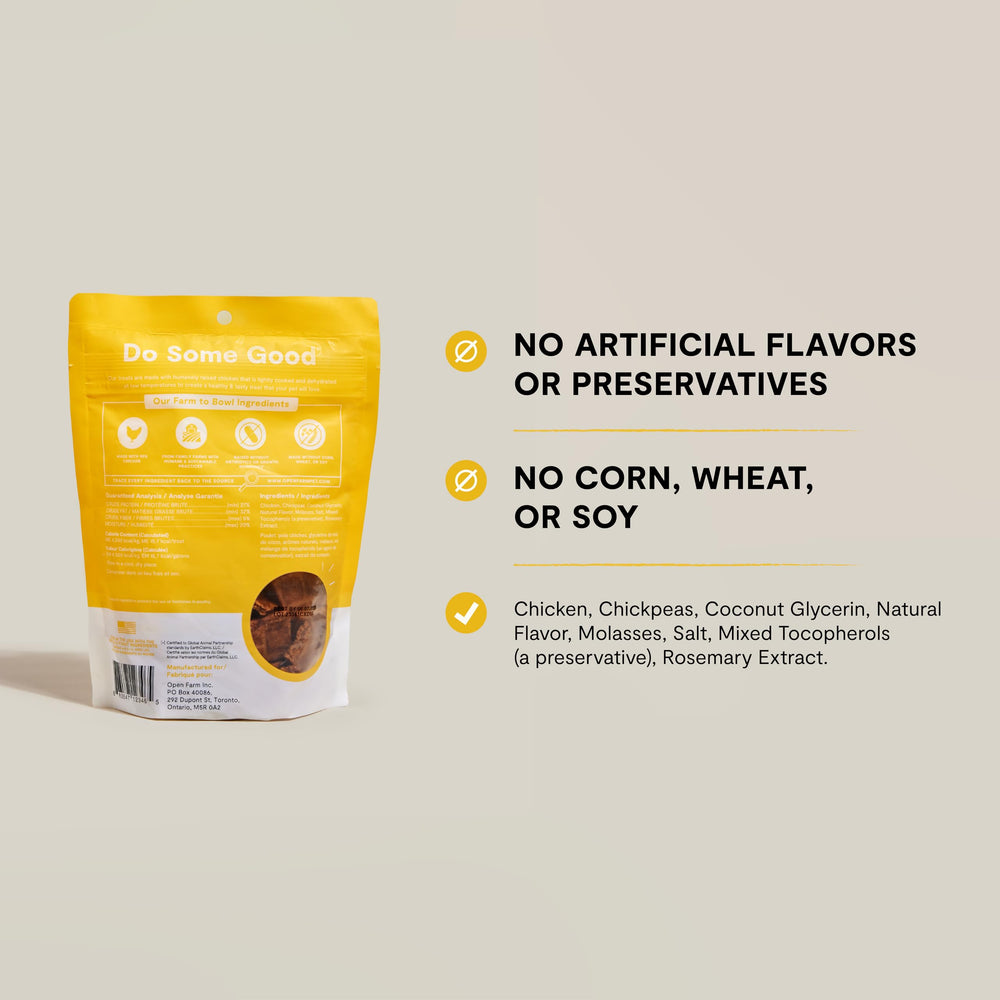 Open Farm chicken recipe treats—protein-forward snack to reward dogs